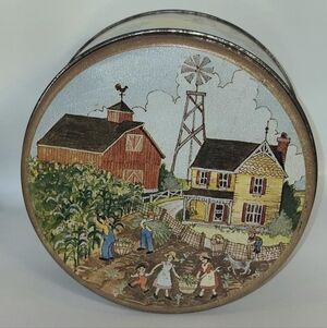 Vintage Round Metal Tin Can Country Farm Scene Storage Container Barn Windmill